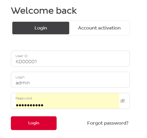 Login screen