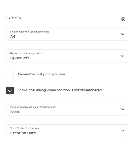 Print settings — label