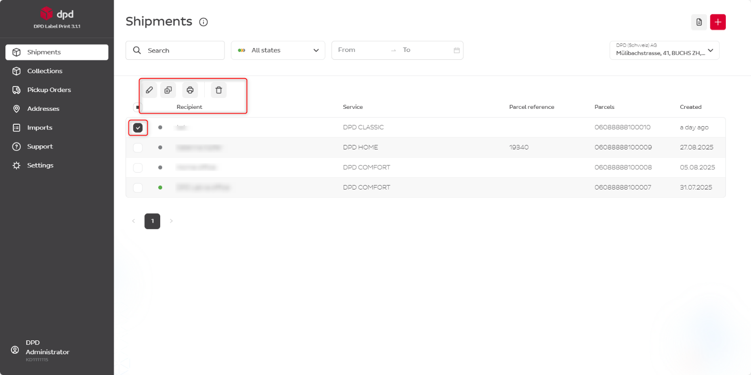 Sendungsliste mit Aktionsschaltflächen