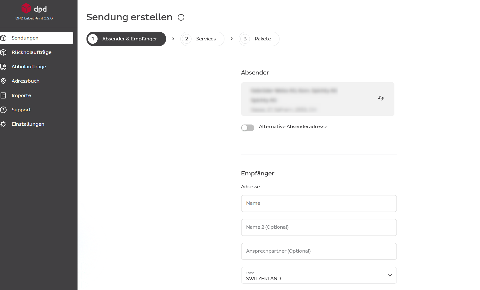 Sendungsformular mit Pflichtfeldern