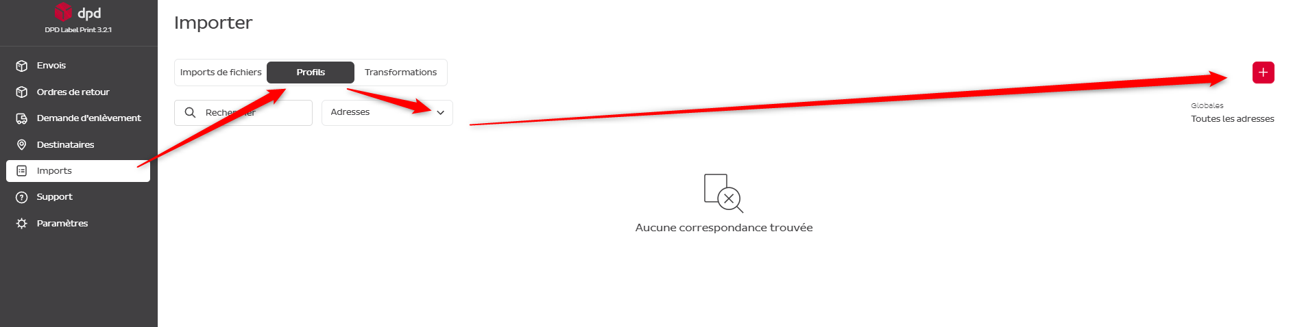 Menu d'importation CSV