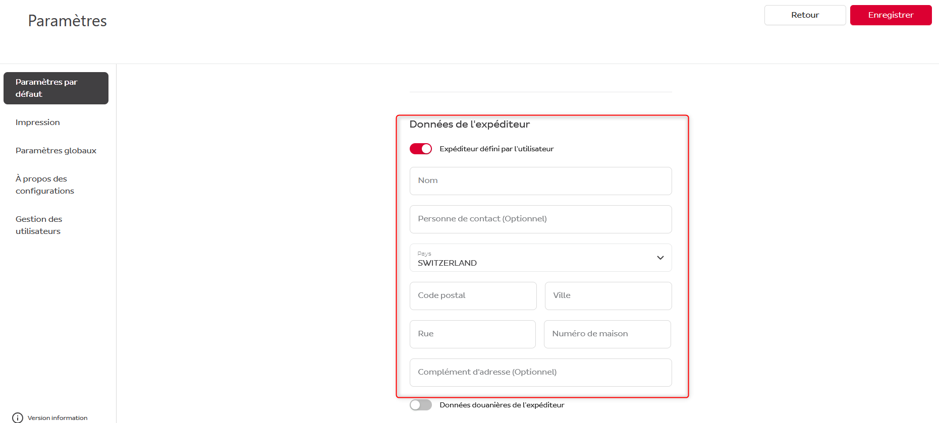 Expéditeur défini par l'utilisateur