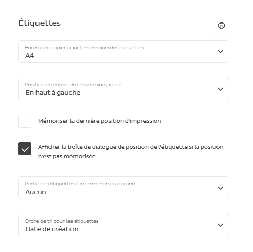 Paramètres d'impression des étiquettes