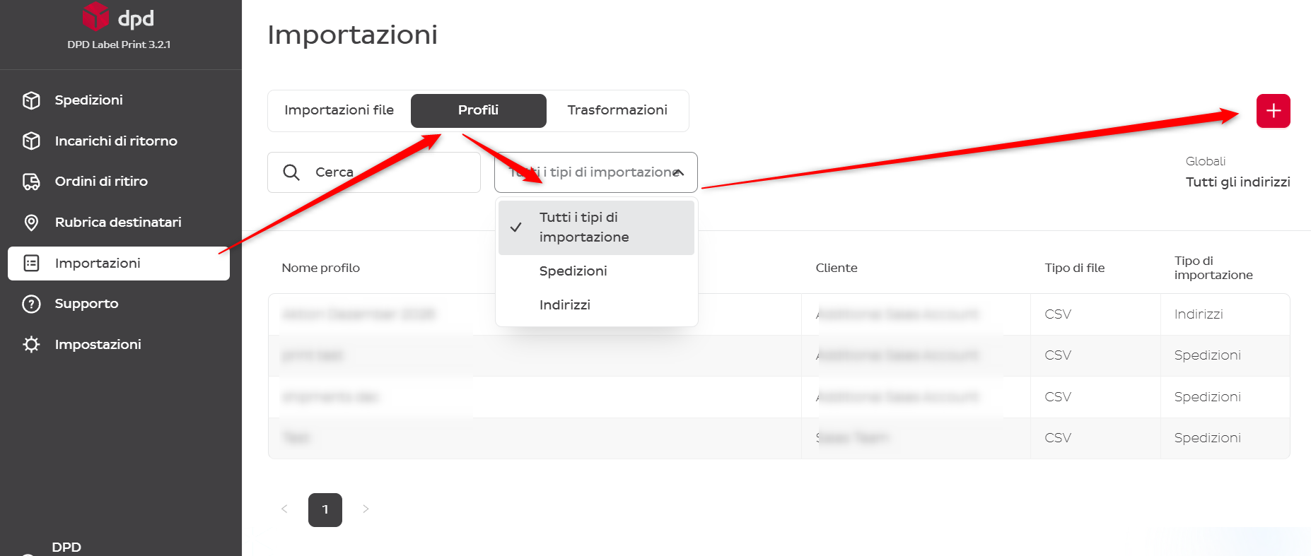 Menu importazione CSV