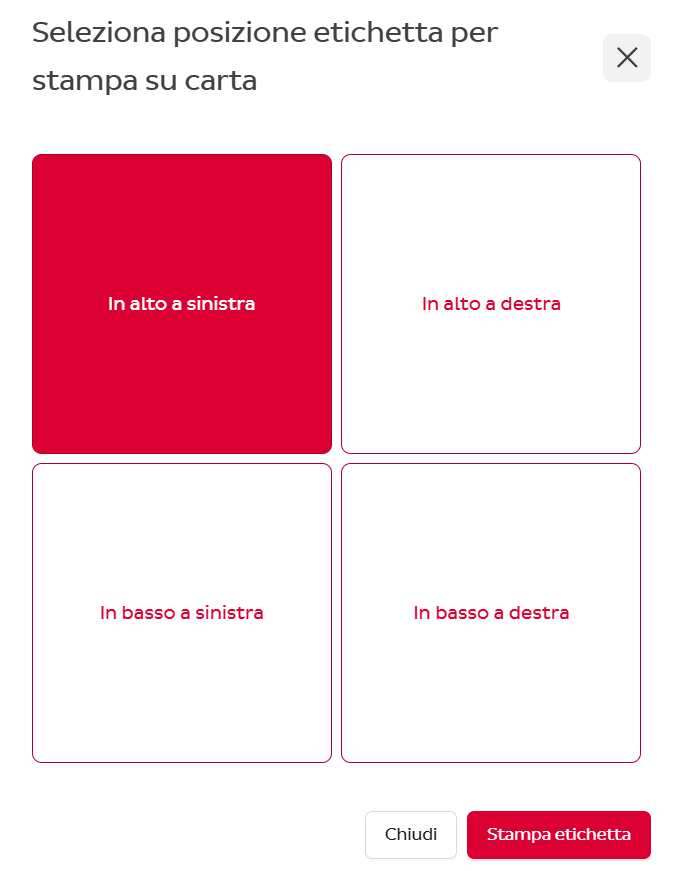 Finestra di dialogo posizione etichetta