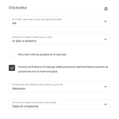 Impostazioni di stampa etichette