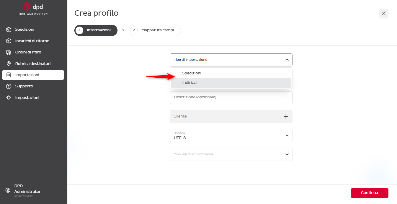 Crea profilo — modulo